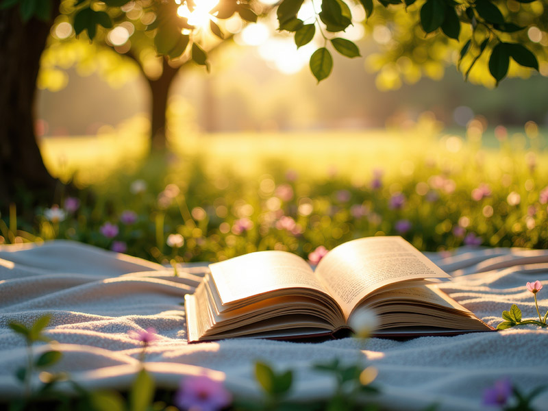 Ein geöffnetes Buch liegt auf einer weichen Decke im Gras, umgeben von kleinen rosa Blüten. Goldenes Sonnenlicht fällt durch die Zweige eines Baumes und lässt die Seiten des Buches leuchten.