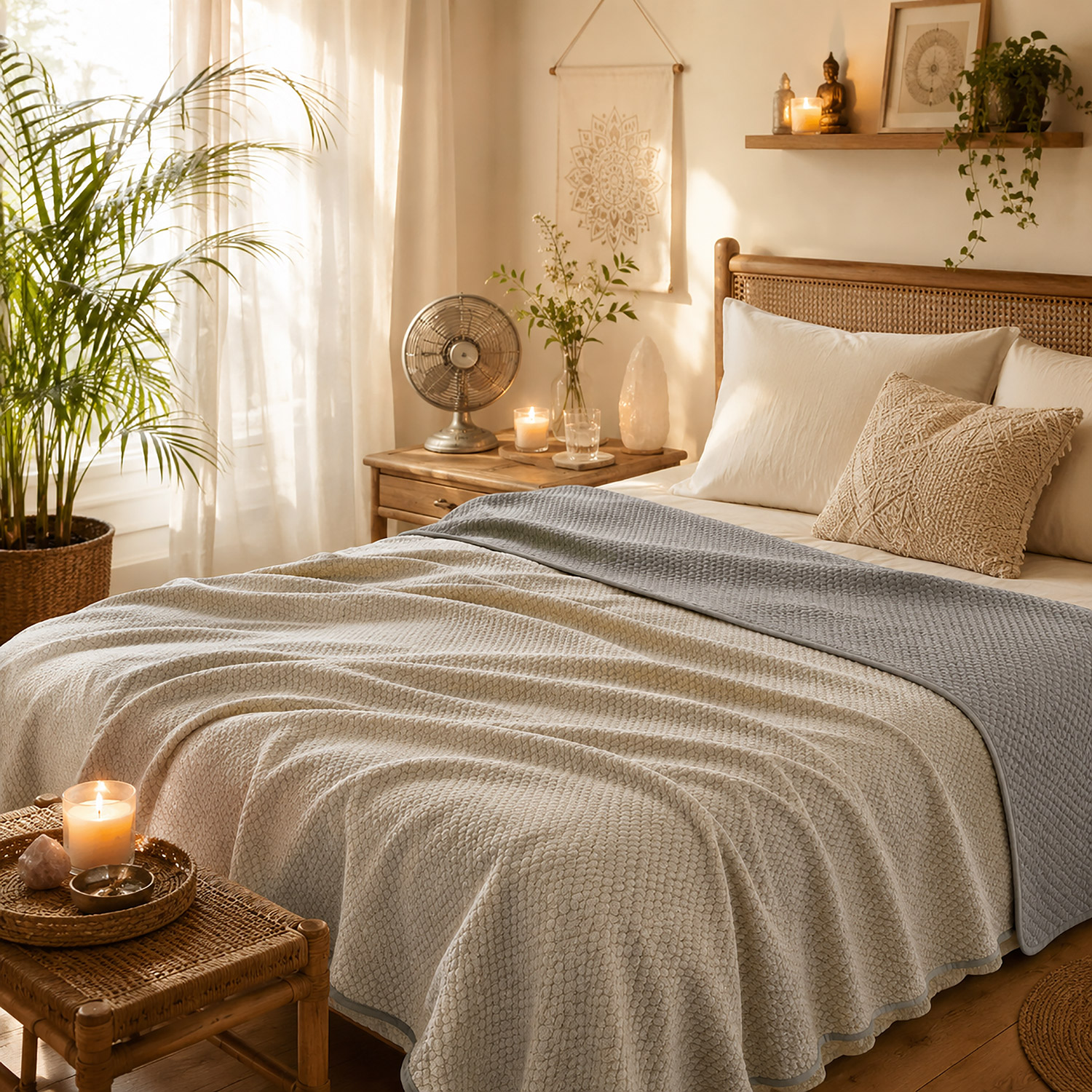 Helles, sommerliches Schlafzimmer mit einer kühlenden hellgrauen Sommerdecke auf dem Bett. Ein kleiner Ventilator auf dem Nachttisch, helle Naturmaterialien, Pflanzen und spirituelle Dekoration schaffen eine ruhige, angenehm kühle Schlafatmosphäre.