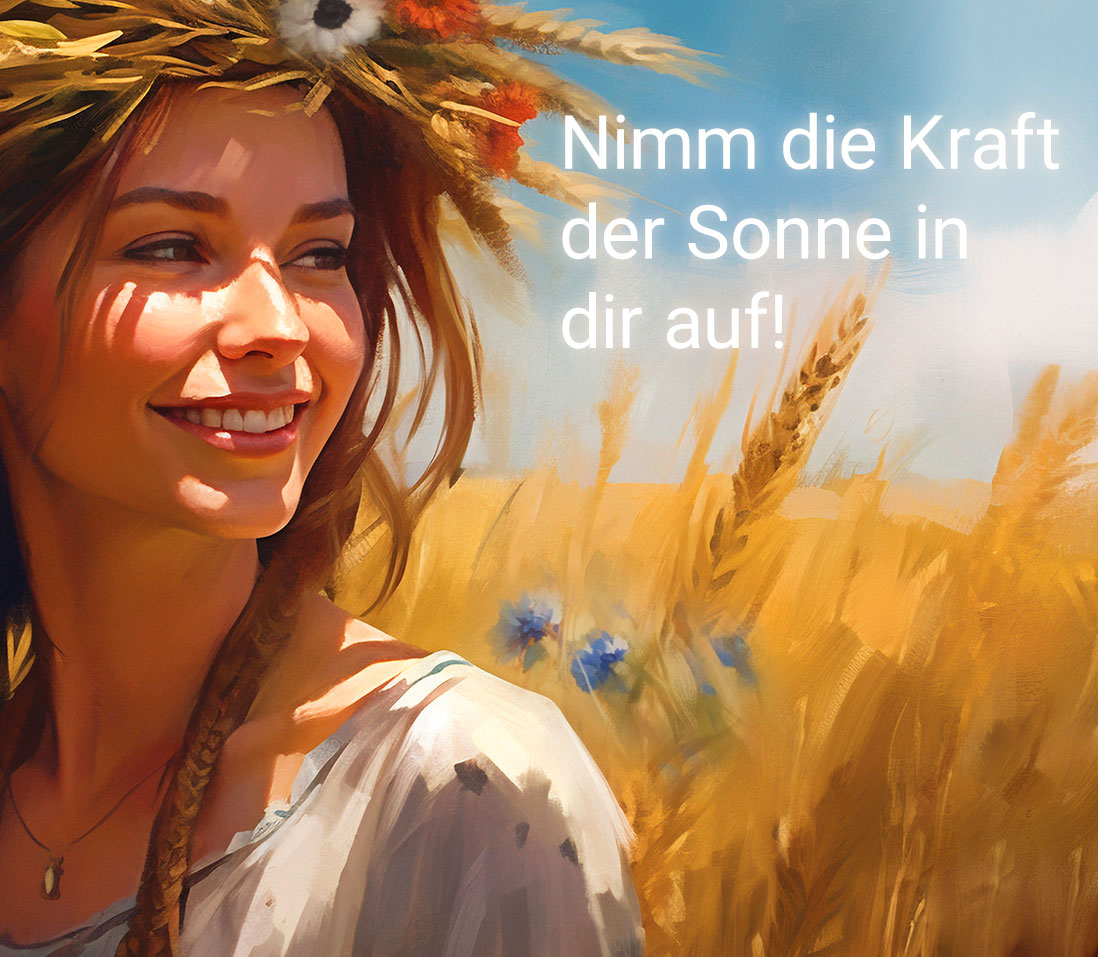 Eine Frau mit Blumenkranz im Haar steht in einem Weizenfeld. Daneben die Überschrift "Nimm die Kraft der Sonne in dir auf!"