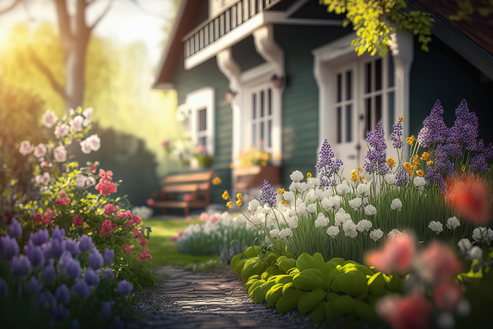 Ein blumenreicher Gartenweg führt zu einem charmanten Haus mit grüner Holzfassade und weißen Fenstern, umgeben von bunten Frühlingsblumen im Sonnenlicht.