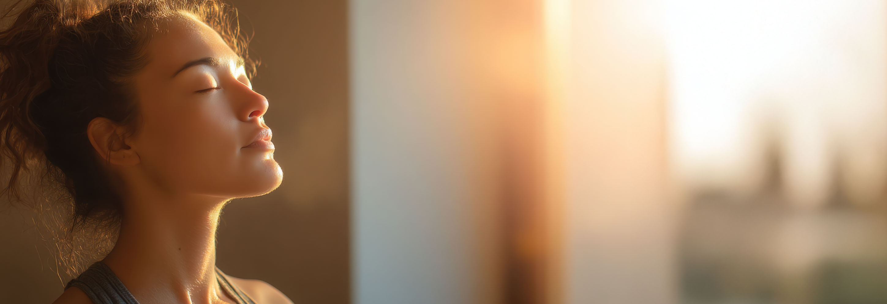 Frau mit geschlossenen Augen genießt warmes Sonnenlicht am Fenster.