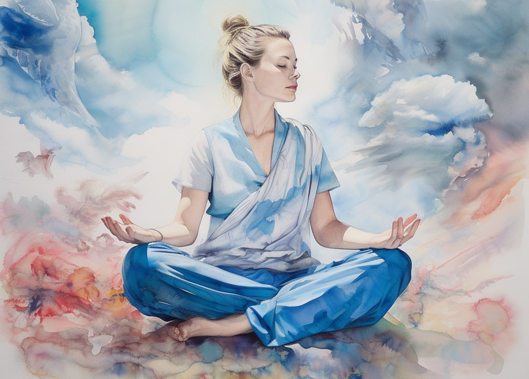 Frau in Meditationshaltung mit Friedenstaube