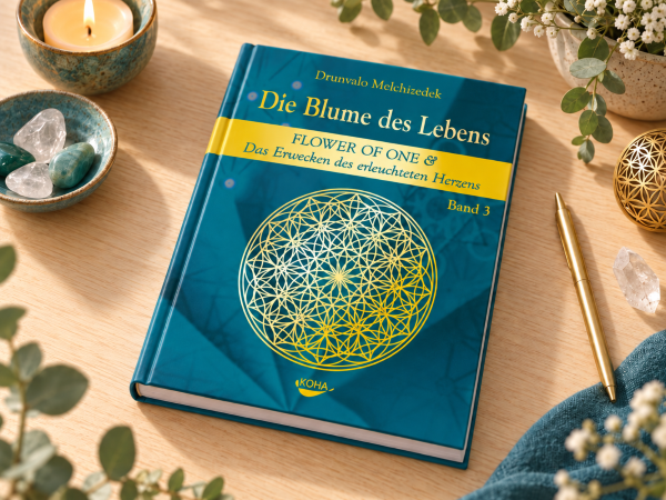 Das Buch „Die Blume des Lebens“ mit einer farbigen geometrischen Blume-des-Lebens-Grafik auf blauem Cover liegt auf einem dekorierten Holztisch.
