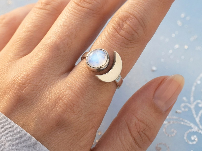 Silberfarbener Ring mit Mondsymbol und schimmerndem Stein an einer Hand vor zartem, hellblauem Hintergrund mit feinen Ornamenten.
