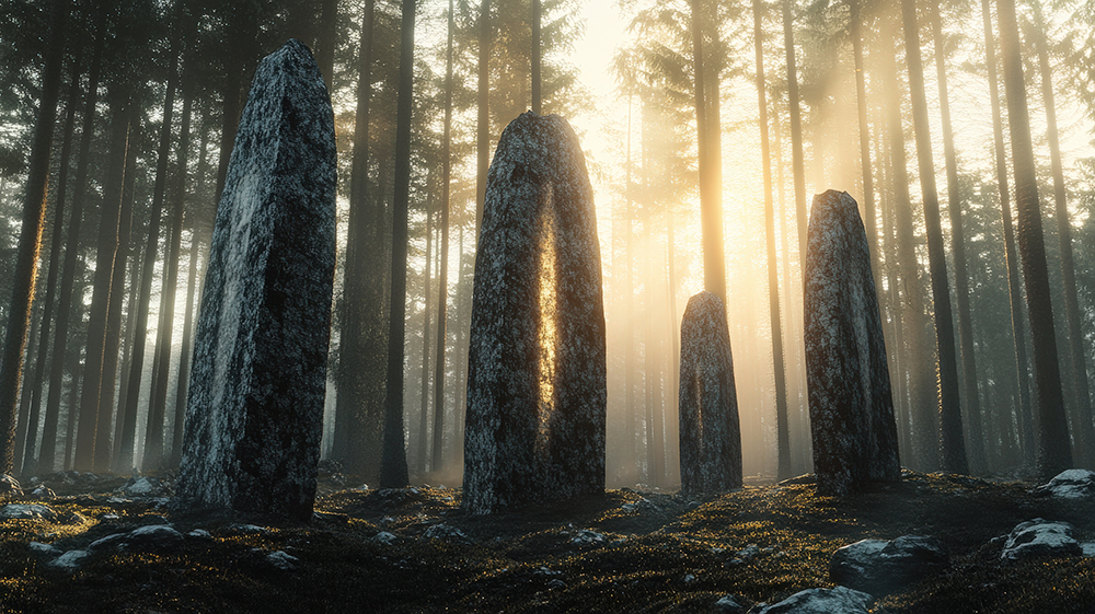Mehrere aufrecht stehende, moosbedeckte Steine bilden in einem nebeligen Wald bei tiefstehender Sonne einen mystischen Steinkreis.