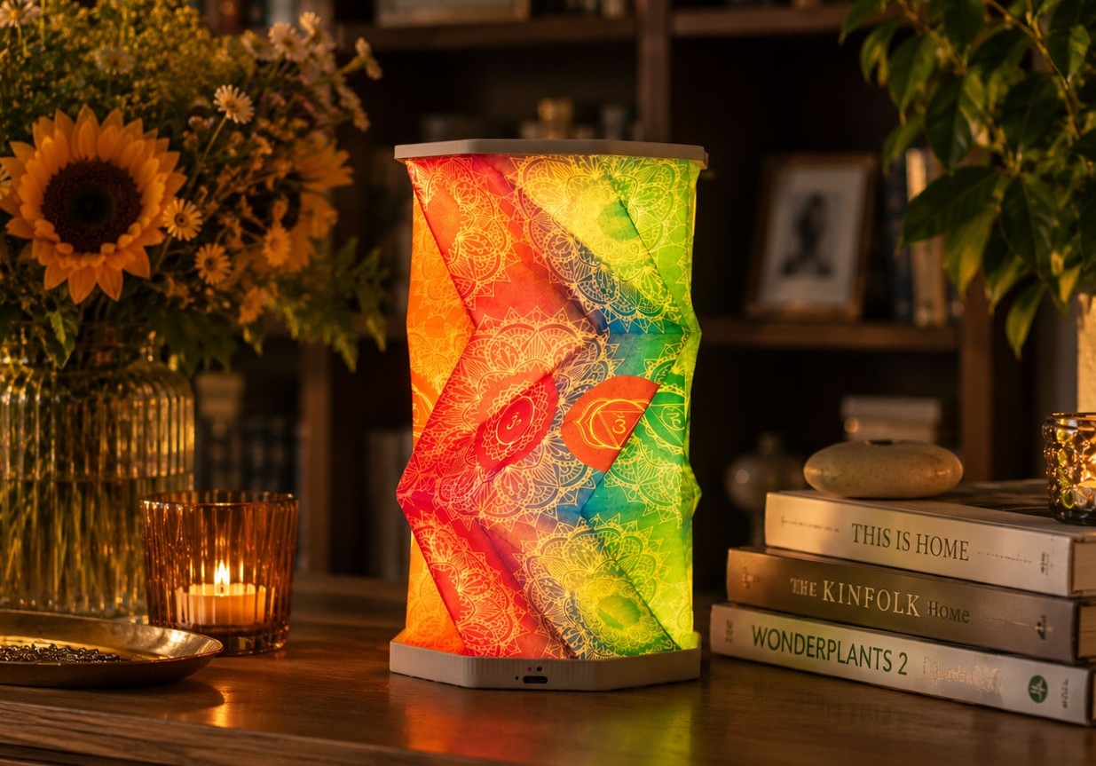 Leuchtende Tischlampe mit farbenfrohem Mandala-Muster in Rot, Orange, Grün und Blau auf einem Holztisch neben Büchern und Blumen.