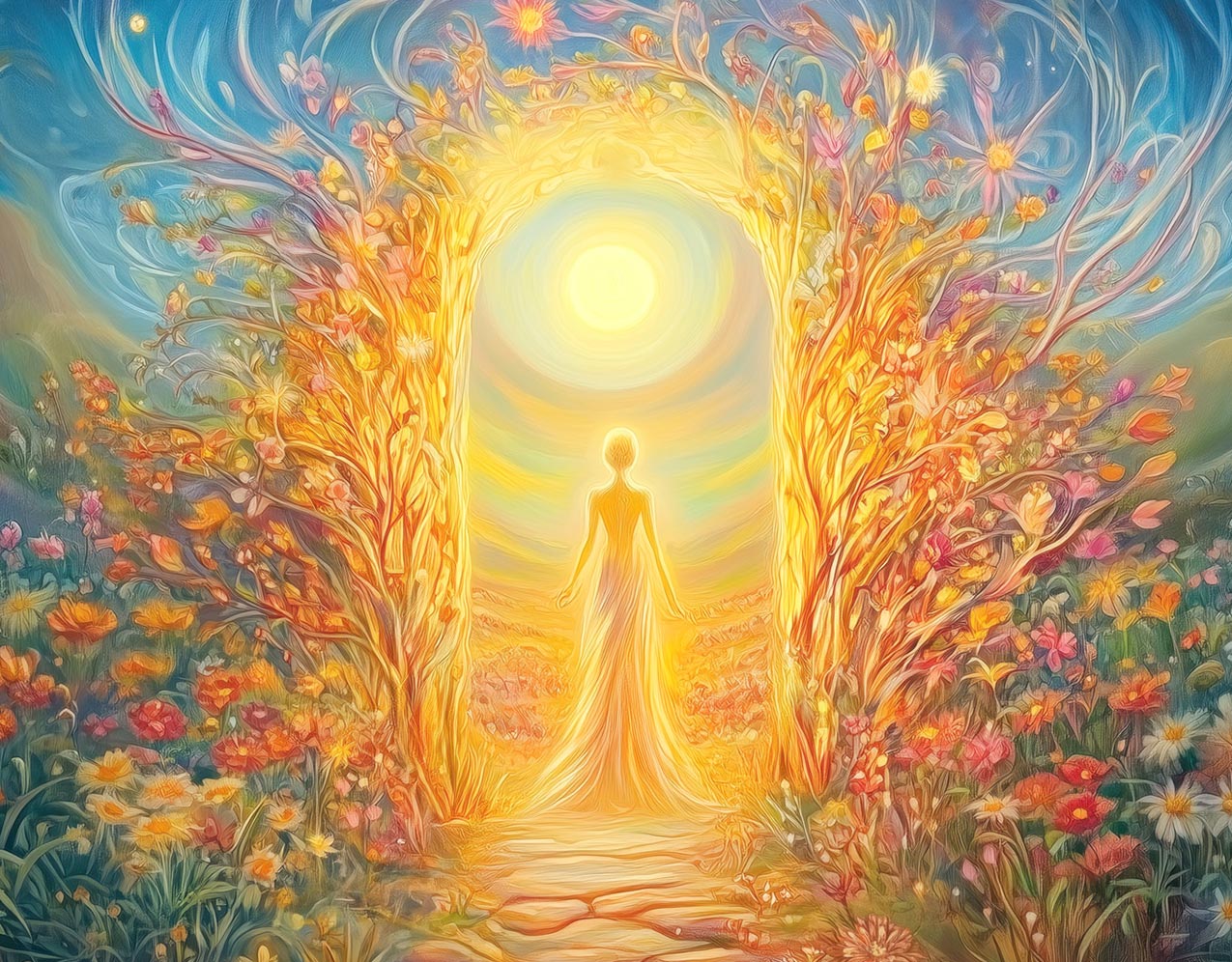 Eine leuchtende, menschliche Silhouette in einem fließenden Gewand schreitet durch einen goldenen Torbogen aus Blüten und Licht. Um sie herum erblühen zahlreiche farbenfrohe Blumen in warmem Sonnenlicht. 