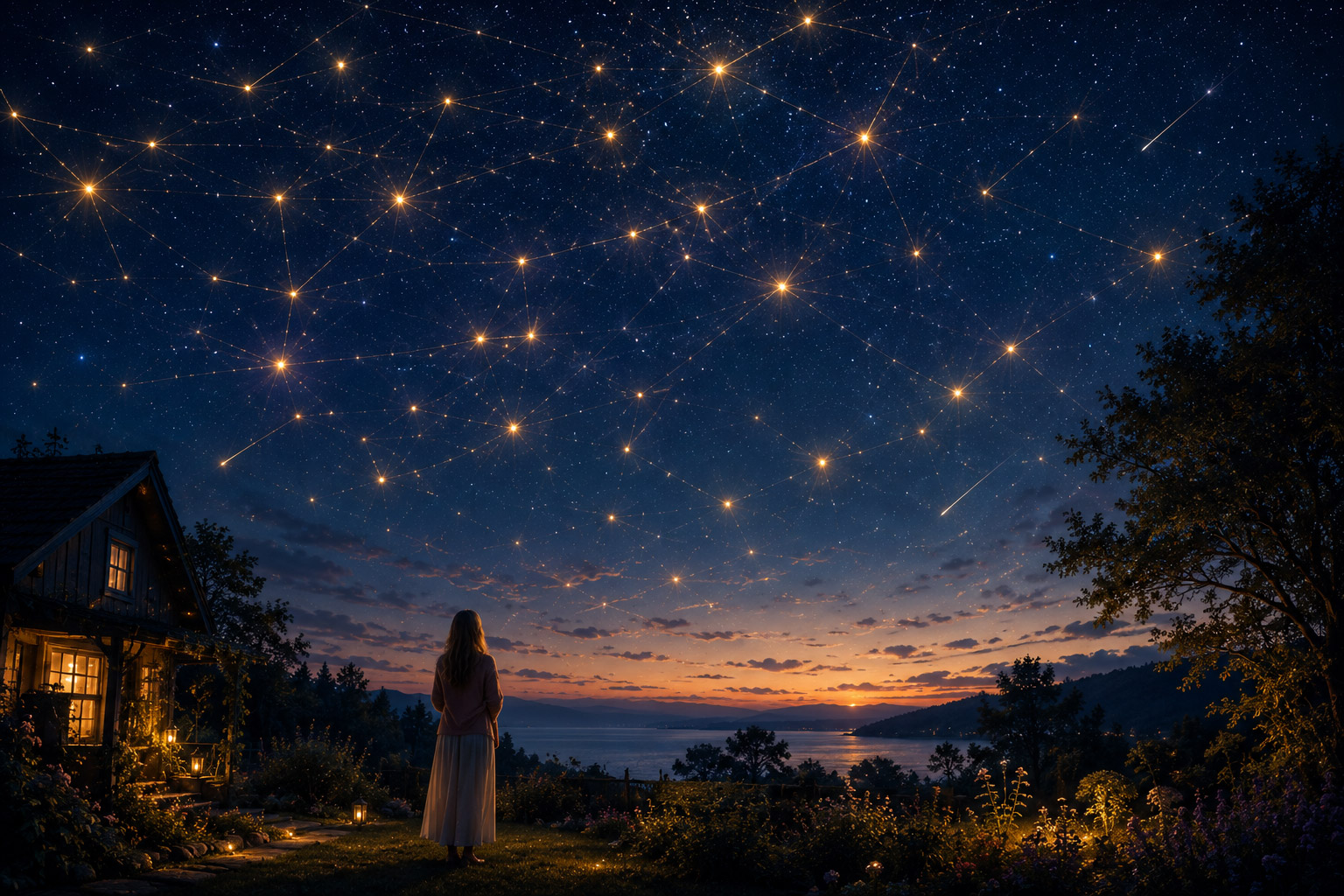 Weitwinklige Abendlandschaft mit einer Frau von hinten im Garten neben einem kleinen Haus; über ihr spannt sich ein funkelndes Netz aus goldenen Lichtpunkten.