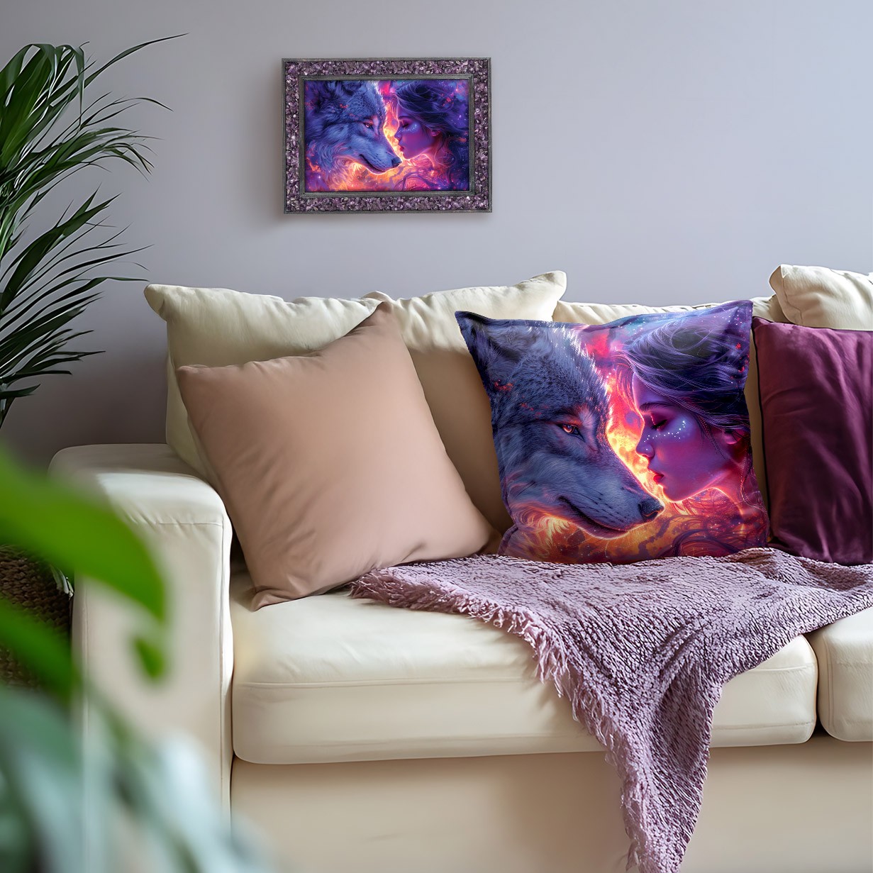 Auf einem Sofa liegt ein auffälliges Kissen. Das Motiv zeigt eine Frau, die dem Krafttier Wolf begegnet, umgeben von einem magischen Farbenspiel. Darüber hängt das passende Energiebild, mit einem Amethyst-besetzten Rahmen.