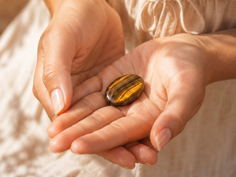 Zwei geöffnete Hände halten einen polierten Tigerauge-Stein. Das goldbraune Mineral schimmert im warmen Sonnenlicht vor heller, natürlicher Kleidung.