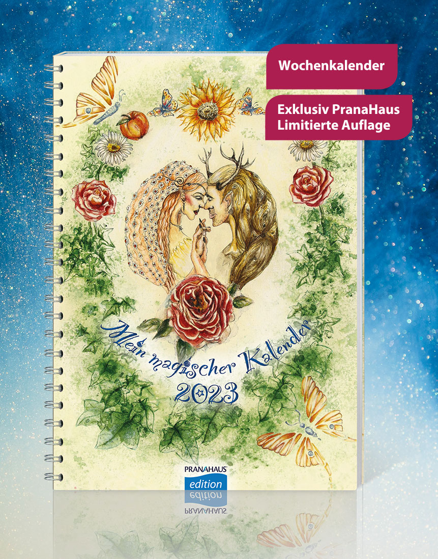 Das Cover des Wochenkalender 'Mein magischer Kalender 2023' mit handgezeichnetem Beltane-Motiv vor einem blauen, glitzerndem Hintergrund