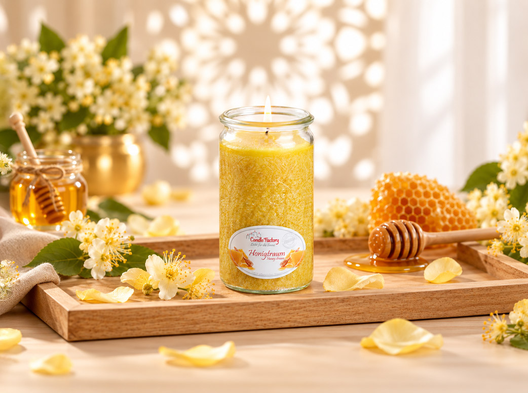 Ein Glas mit goldgelbem Blütenhonig steht auf einem dekorierten Tablett mit weißen Blüten, Honiglöffel und Wabenstücken in heller, sonniger Atmosphäre.