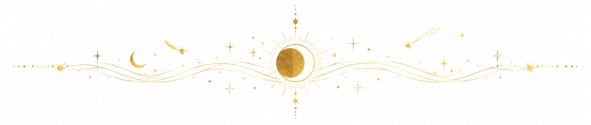 Verspielte goldene Zierlinie mit Sonnenfinsternis, Mondsichel, Sternen und Sternschnuppen auf weißem Hintergrund.