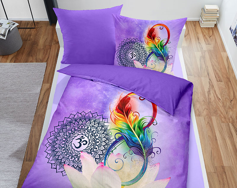 Bettwäsche "Unendlichkeit" in lila mit verschiedenen Symbolen (OM, Mandala, Lotusblüte, Unendlichkeitssymbol, Feder, Regenbogen)