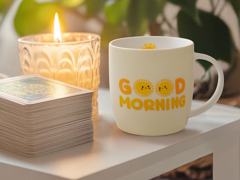 Keramiktasse mit gelber Aufschrift „Good Morning“ und Sonnenmotiv, daneben ein Kartenstapel und ein brennendes Windlicht. Warmes Morgenlicht und Pflanzen im Hintergrund schaffen eine ruhige, positive Start-in-den-Tag-Stimmung.