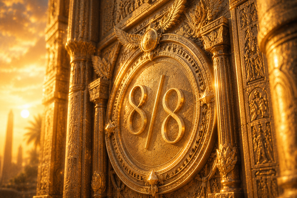 Nahaufnahme eines kunstvoll verzierten goldenen Tores im altägyptischen Stil. Im Mittelpunkt ist die Zahl „8/8“ reliefartig eingraviert und vom warmen Licht der aufgehenden Sonne hinter dem Tor umgeben.