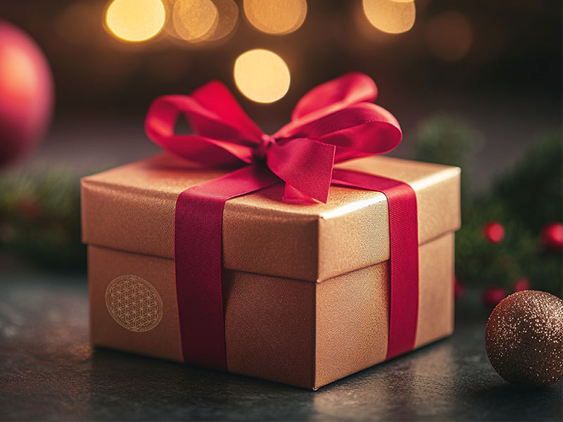 Ein festlich verpacktes Geschenk in schimmerndem Gold mit einer breiten roten Schleife. Auf der Schachtel ist dezent das Symbol der Blume des Lebens zu sehen.