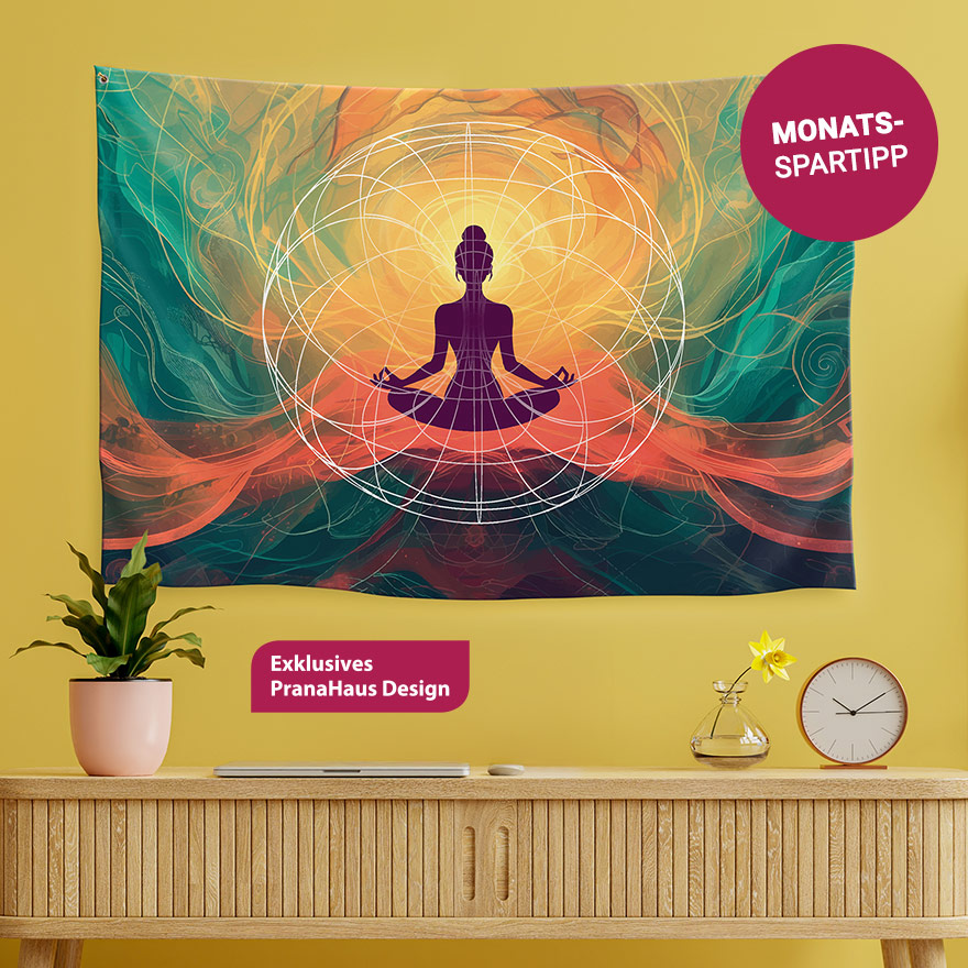 Ein Wandbehang zeigt eine sitzende Person in Meditationshaltung, umgeben von geometrischen Kreisen. Ein Label weist das Produkt als 'Monats-Spartipp' sowie 'Exklusives PranaHaus Design' aus.
