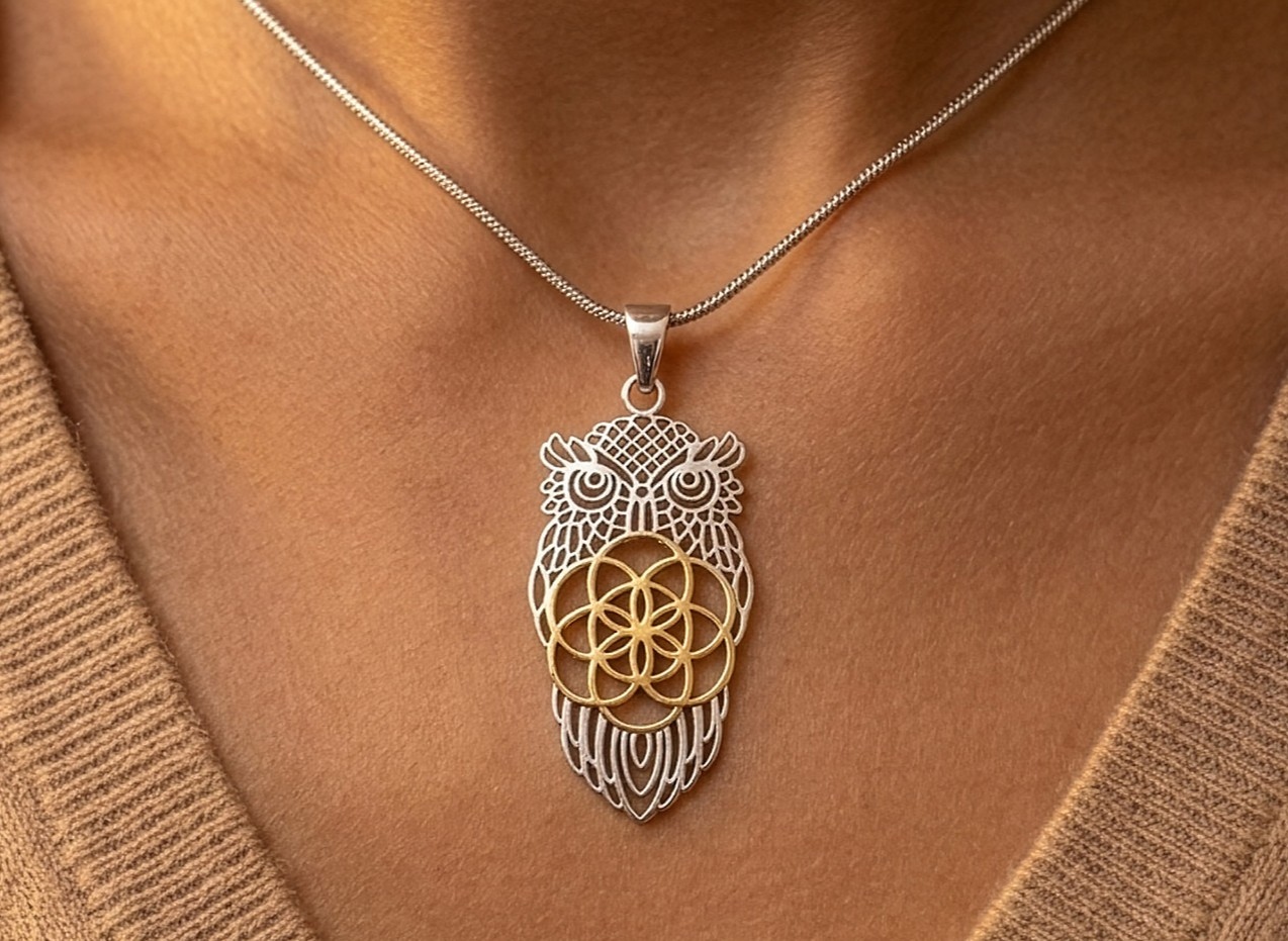 Eine Person trägt eine silberne Halskette mit einem filigranen Eulen-Anhänger und goldenem Ornament auf der Brust.