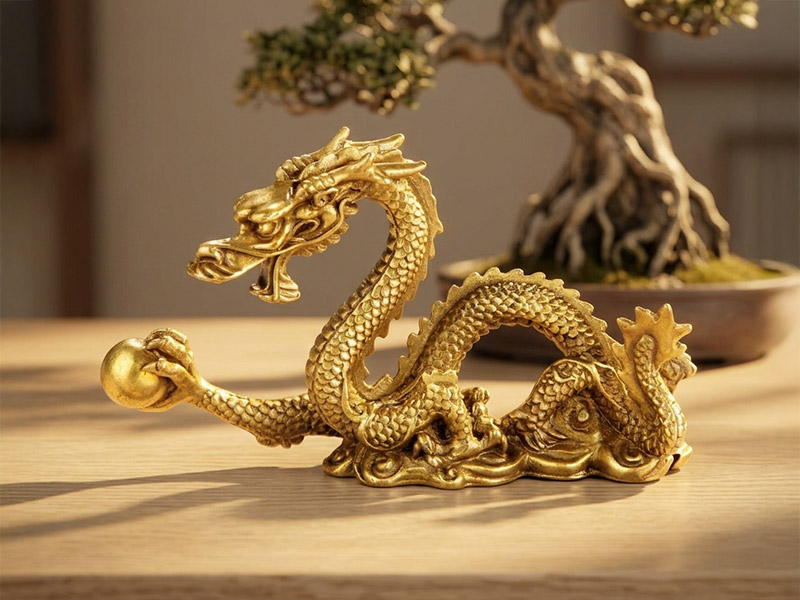 Goldfarbener Drache als detailreiche Figur mit Kugel, dekorativ auf einem Tisch platziert, symbolisiert Schutz, Kraft und Glück.