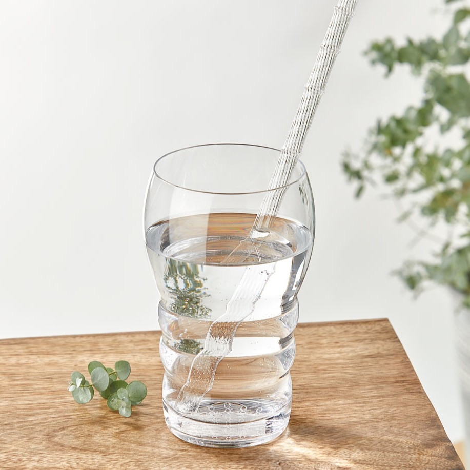 Ein Glas Wasser mit transparentem Rührstab steht auf einem Holztisch, daneben liegt ein kleiner Zweig Eukalyptus vor hellem Hintergrund.