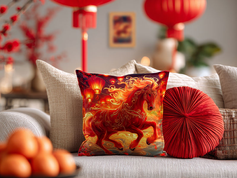 Dekorative Kissenhülle mit leuchtendem Pferdemotiv in Rot und Gold, umgeben von Laternen und Flammen, auf einem Sofa mit chinesischem Neujahrsdekor – ein kräftiges Symbol für Energie und Lebensfreude.