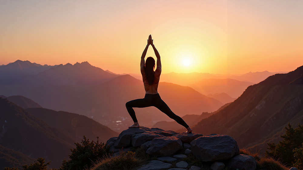 Eine Frau praktiziert Yoga in der Kriegerhaltung auf einem Felsen bei Sonnenuntergang, umgeben von einem weiten Bergpanorama in warmem Licht.