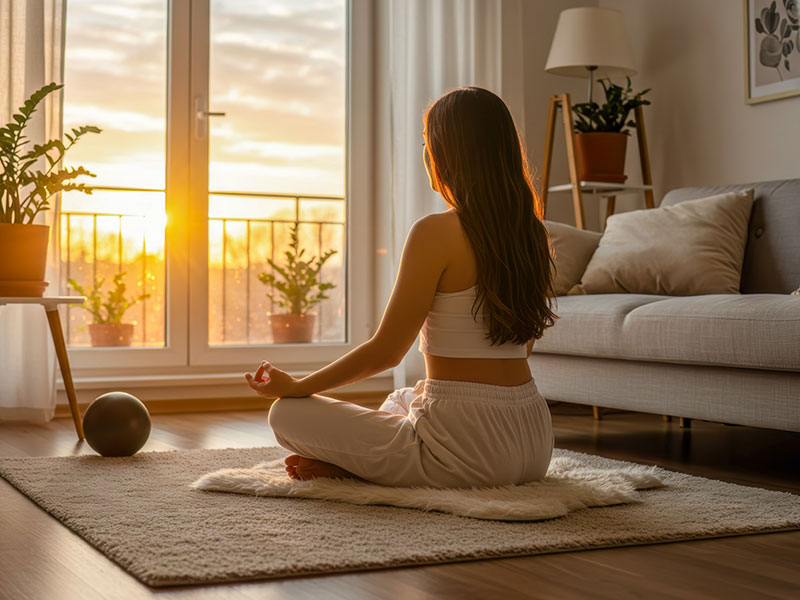 Junge Frau meditiert im Schneidersitz in heller Wohnung vor dem Sonnenaufgang. Pflanzen, Teppich und Lichtstimmung unterstreichen die friedliche, bewusste Morgenroutine.