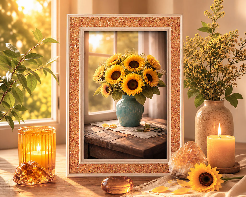 Gerahmtes Bild mit einem Strauß leuchtender Sonnenblumen in einer türkisfarbenen Vase auf einem Holztisch am Fenster. Umgeben von Kerzen, Kristallen und Blumen entsteht eine warme, sonnige Wohnatmosphäre.
