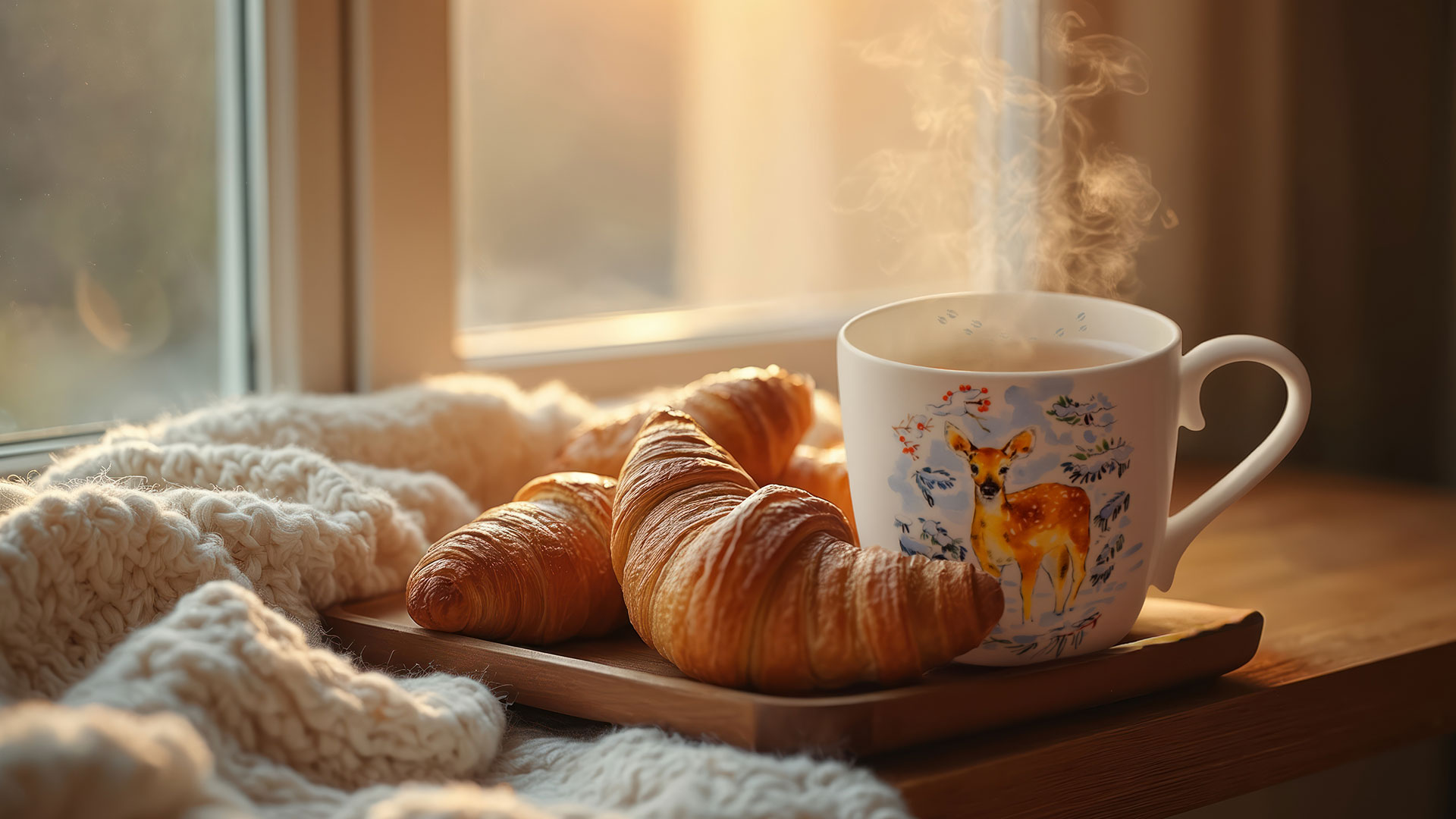 Eine liebevoll gestaltete Tasse mit winterlichem Reh-Motiv steht auf einem Holztablett neben Croissants. Aus der Tasse steigt duftender Dampf auf, während warmes Sonnenlicht durch das Fenster fällt.