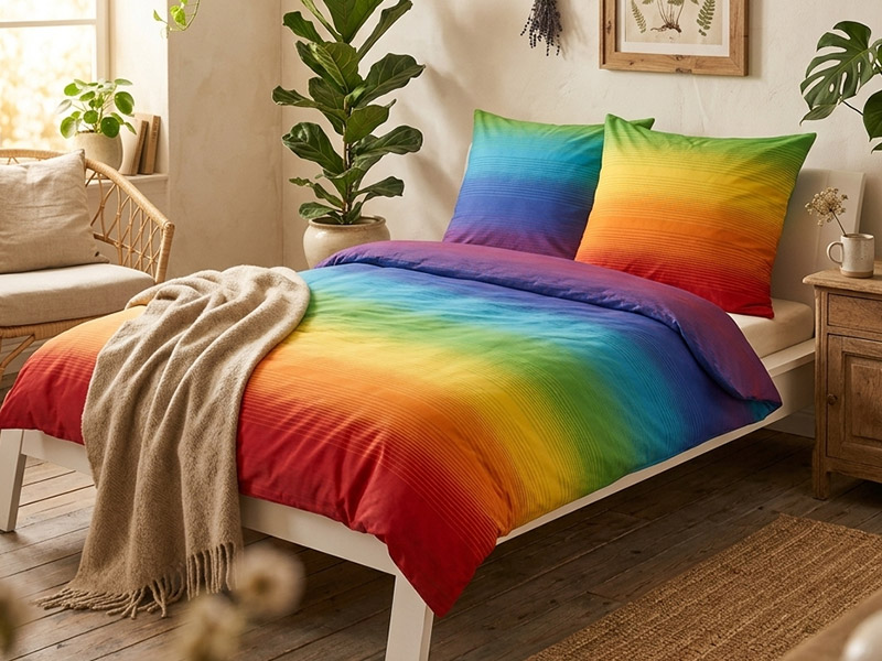 Bett mit Bettwäsche im Chakra-Farbverlauf in einem gemütlichen Schlafzimmer mit Holzmöbeln, Zimmerpflanzen und weicher Decke in natürlicher Wohnatmosphäre.