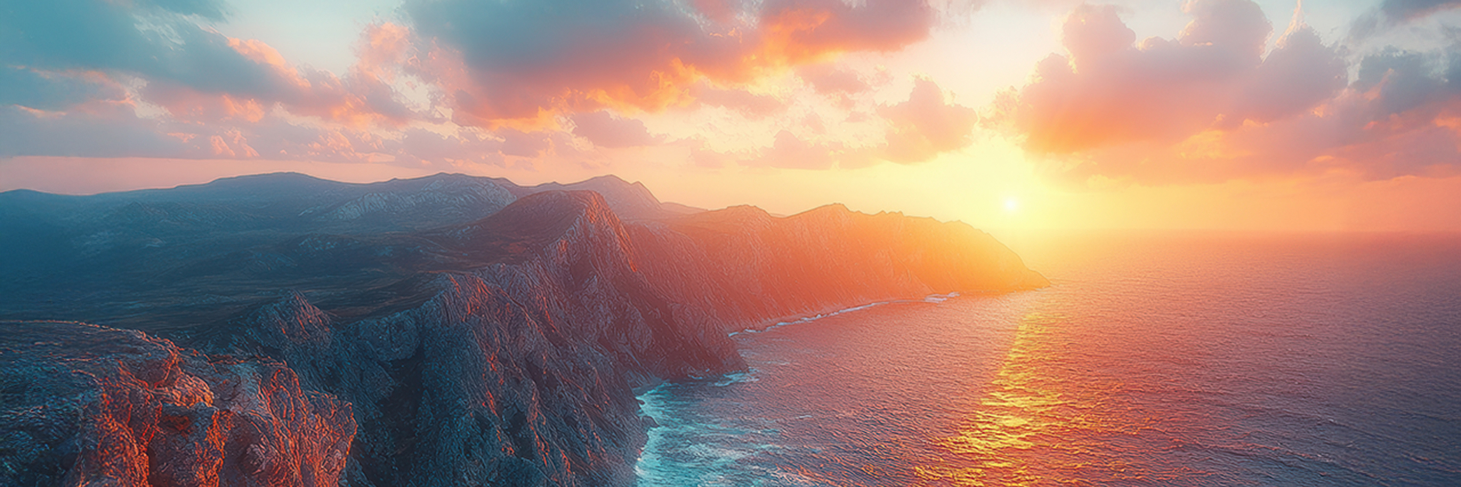 Sonnenuntergang über einer dramatischen Steilküste mit schroffen Felsen, türkisfarbenem Meer und orangefarbenem Licht, das sich auf dem Wasser spiegelt.