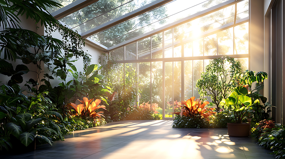 In einem lichtdurchfluteten Wintergarten mit großen Glaswänden gedeihen üppige Zimmerpflanzen und farbenfrohe Blüten im warmen Morgenlicht.