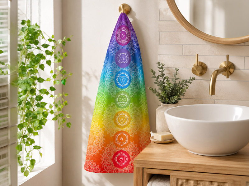 Buntes Handtuch mit Chakra-Symbolen hängt in einem hellen Badezimmer neben Waschbecken und Pflanzen und setzt einen farbenfrohen Akzent im Raum.