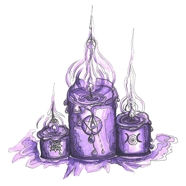 Lila Aquarellzeichnung von drei unterschiedlichen großen brennenden Kerzen