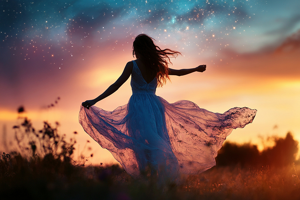 Eine Frau in einem fließenden Kleid tanzt auf einer Wiese im Gegenlicht des Sonnenuntergangs, während über ihr ein funkelnder Sternenhimmel leuchtet.