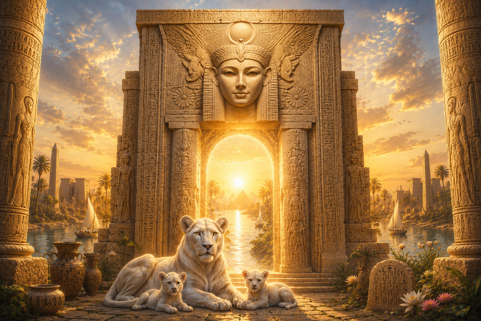 Eine weiße Löwin liegt mit zwei Löwenjungen vor einem monumentalen altägyptischen Tor. Durch den leuchtenden Torbogen fällt warmes Sonnenlicht auf den Nil, Palmen und Pyramiden im Hintergrund.