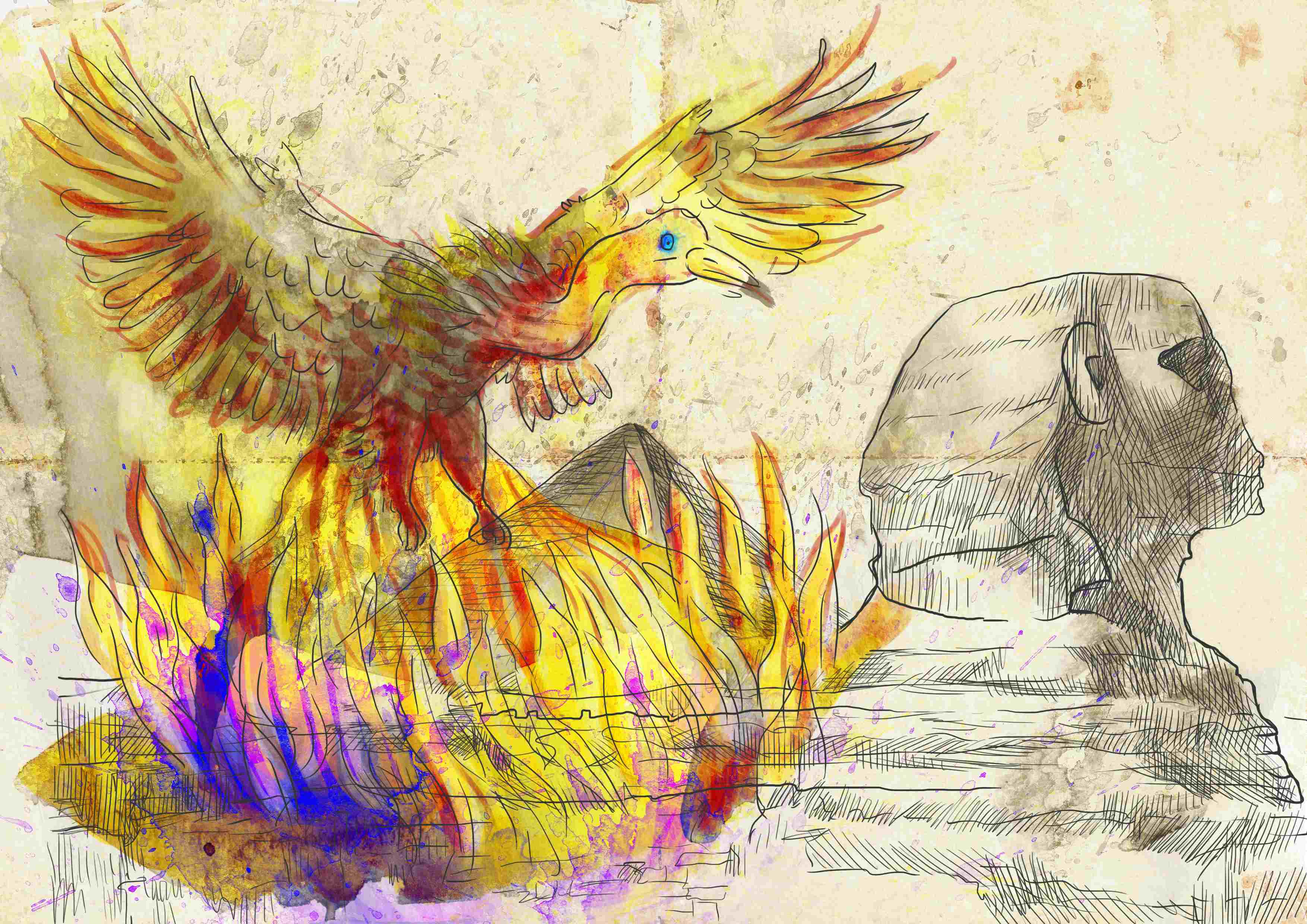 Eine künstlerische Illustration zeigt einen rot-goldenen Phönix, der in Flammen aufersteht, vor skizzierten ägyptischen Motiven, kombiniert mit Aquarellfarben und Bleistiftlinien auf gealtertem Papier.