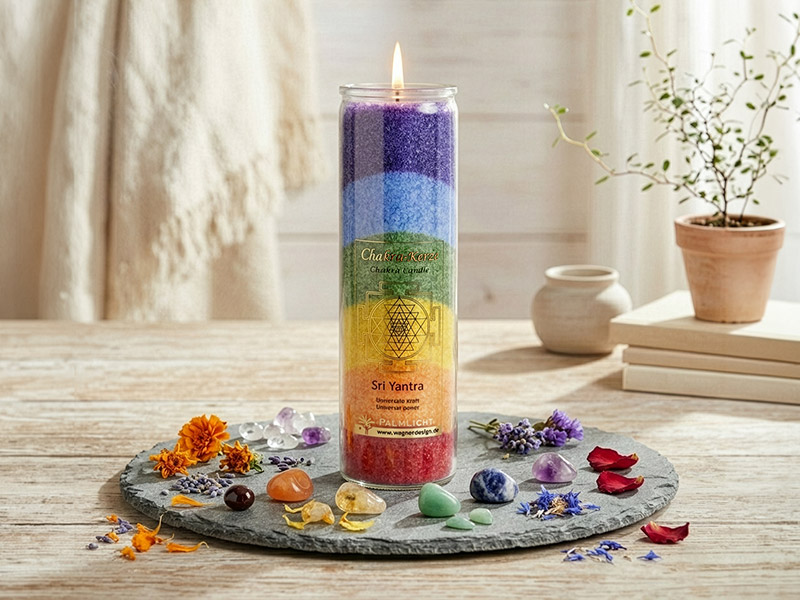 Mehrfarbige Chakra-Kerze im Glas mit sanft brennender Flamme, umgeben von kleinen Edelsteinen und Blüten auf einer Steinplatte, dekorativ auf hellem Holztisch arrangiert.