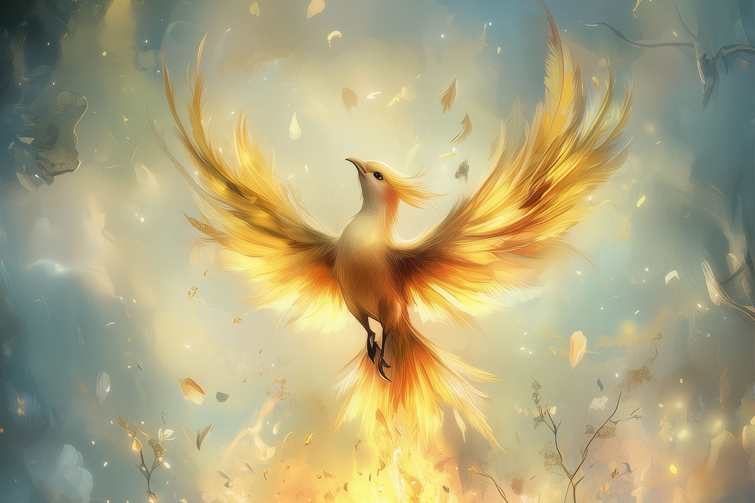 Ein leuchtender Phönix mit goldenen und orangefarbenen Federn erhebt sich majestätisch aus einem brennenden Nest, während goldene Blätter in der Luft wirbeln. 