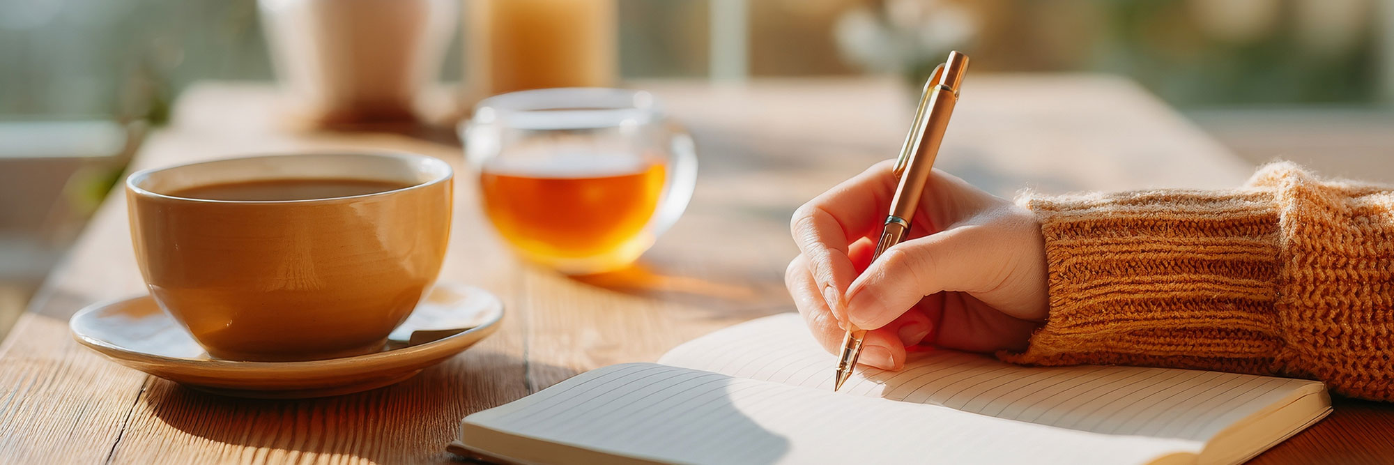 Hand schreibt in ein Notizbuch auf einem Holztisch mit Teetasse, Glas mit Kräutertee, Kerze und Vase – eine ruhige Szene, die zur Reflexion, zum Journaling oder für ein achtsames Morgen- oder Abendritual einlädt.