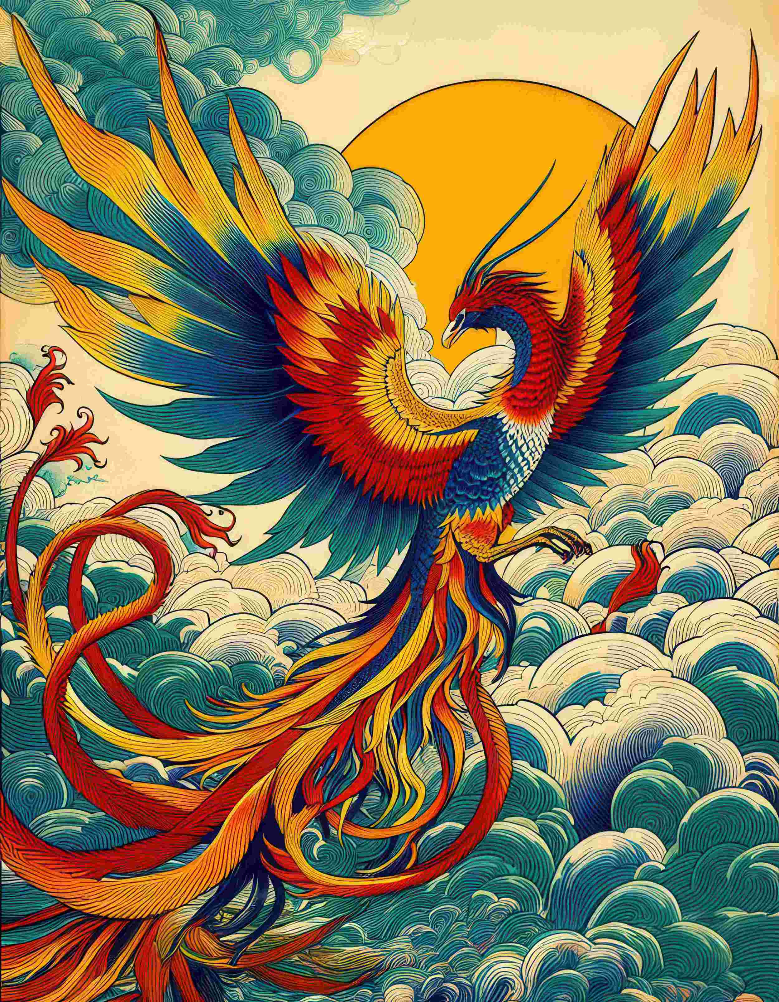 Eine kunstvolle Illustration zeigt einen farbenprächtigen Phönix mit ausgebreiteten Flügeln über stilisierten Wolken, umrahmt von goldenen Tönen und inspiriert von traditioneller asiatischer Kunst.