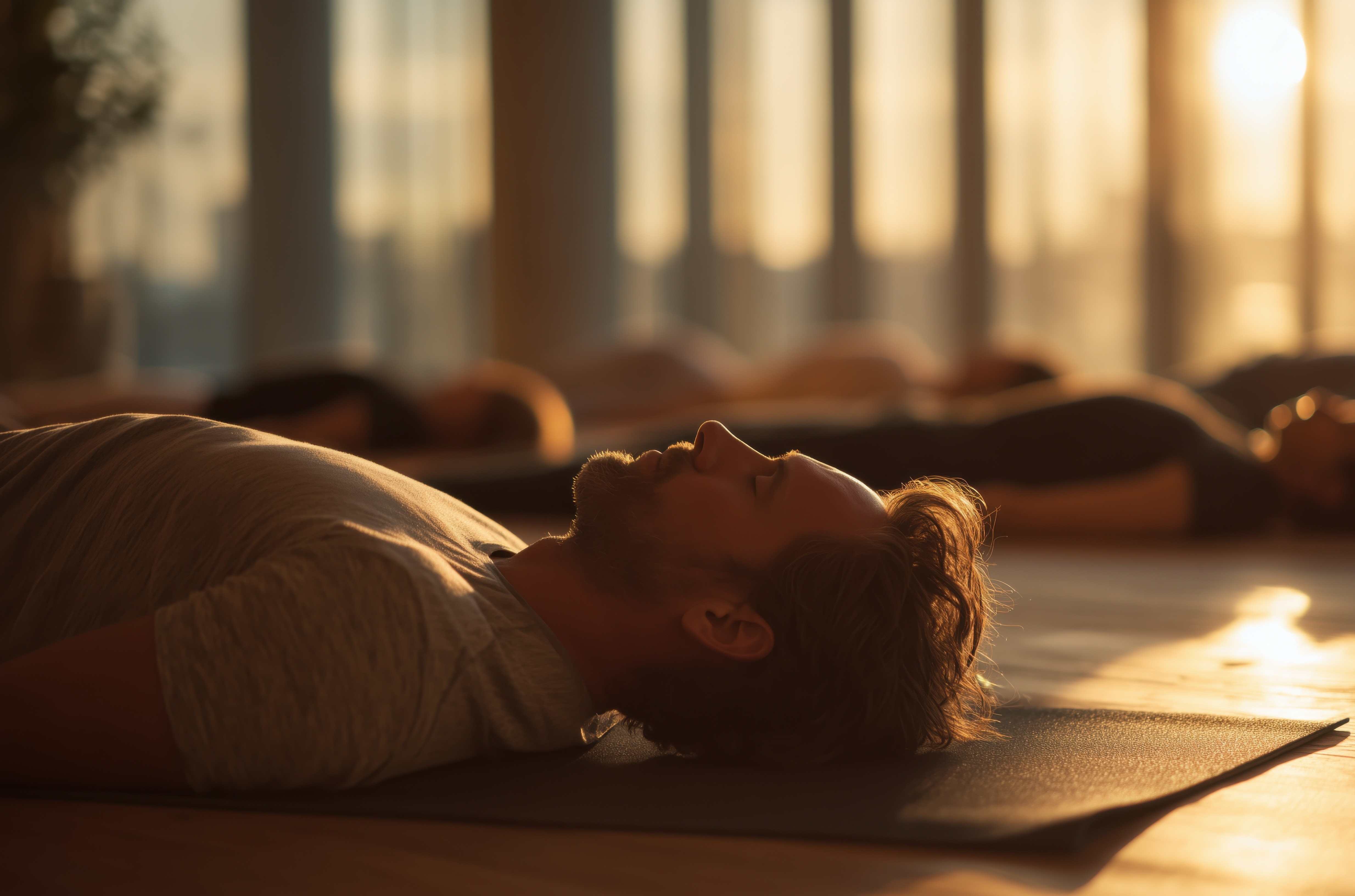 Mann liegt entspannt mit geschlossenen Augen auf einer Yogamatte in einem warm beleuchteten Raum.