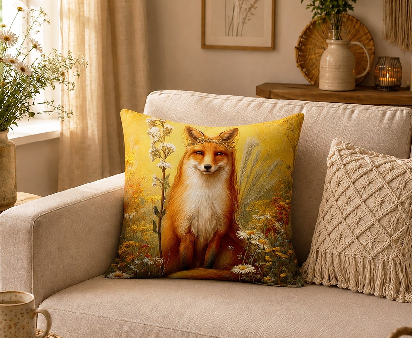 Ein dekoratives Kissen mit einem Fuchsmotiv liegt auf einem hellen Sofa in einem gemütlich eingerichteten Wohnzimmer.