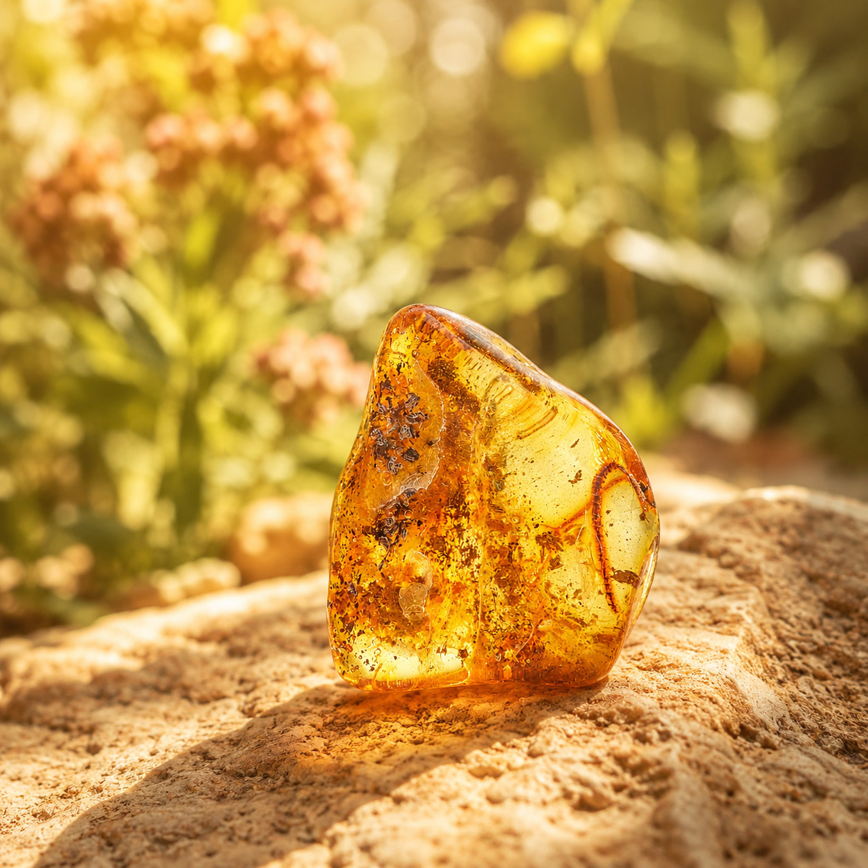 Goldfarbener Bernstein mit natürlichen Einschlüssen liegt auf einem Stein. Das warme Sonnenlicht lässt den Stein vor unscharfem Gartenhintergrund leuchten.