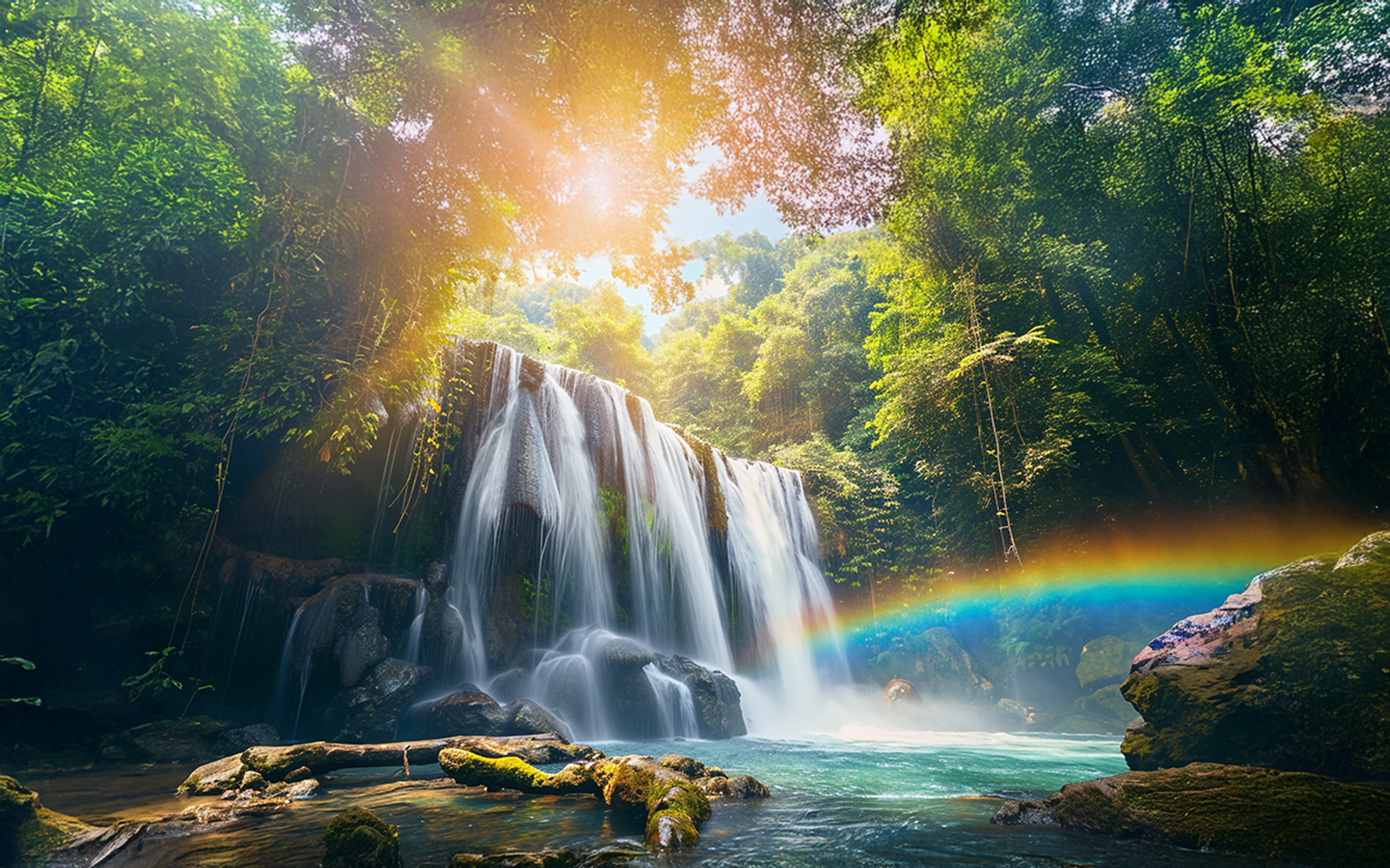 Ein breiter Wasserfall stürzt inmitten eines üppig grünen Regenwalds in ein klares Becken, während Sonnenlicht durch das Blätterdach fällt und ein leuchtender Regenbogen über dem Wasser schimmert.