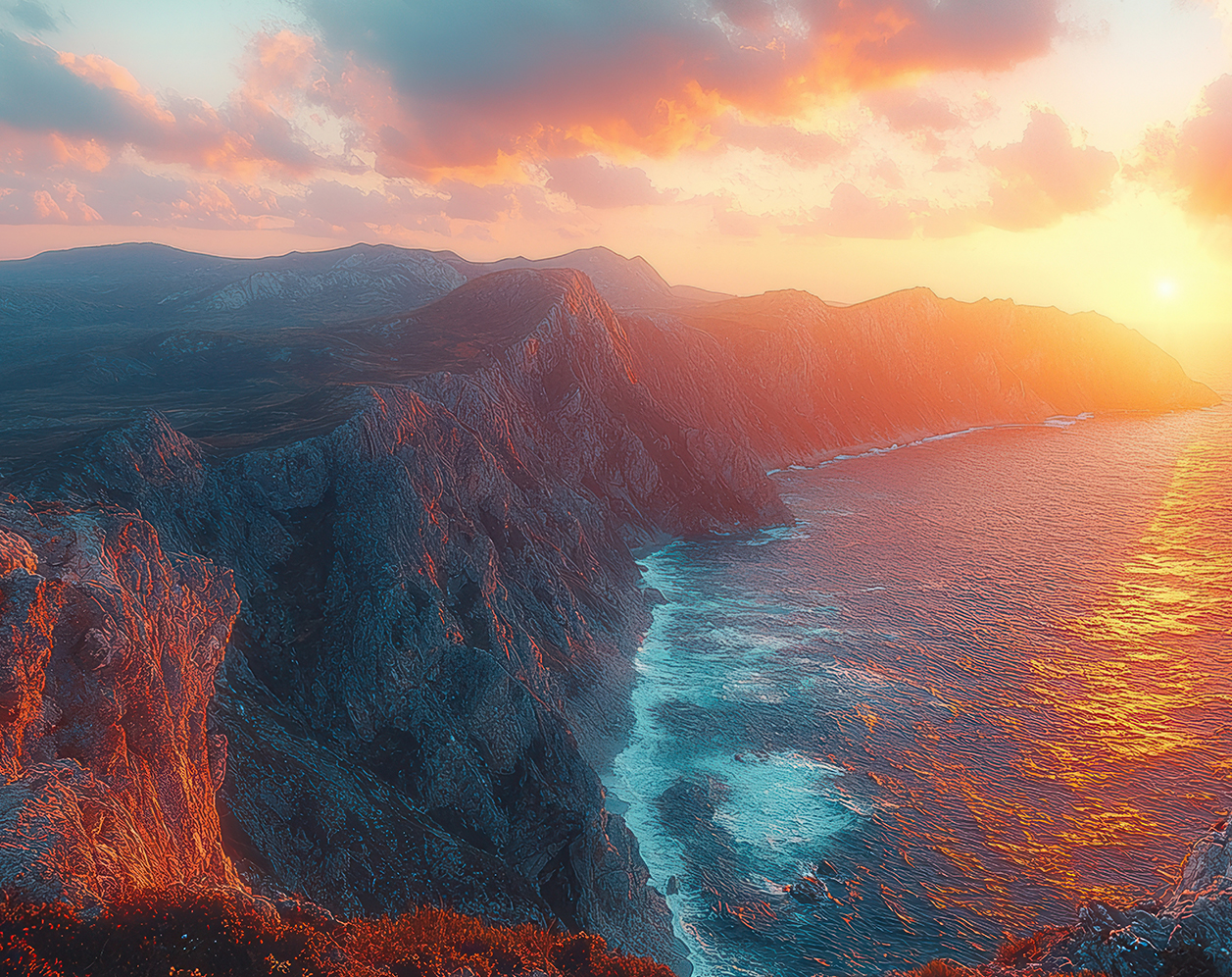 Sonnenuntergang über einer dramatischen Steilküste mit schroffen Felsen, türkisfarbenem Meer und orangefarbenem Licht, das sich auf dem Wasser spiegelt.